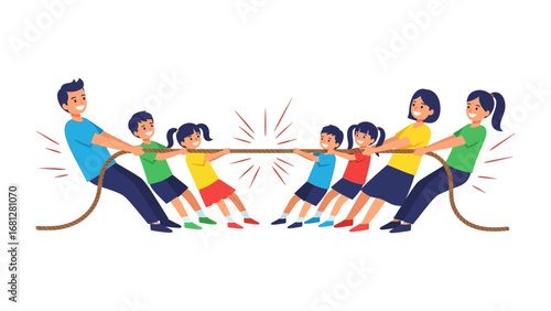 Tug-of-War Family Fun: In a vibrant illustration, two families engage in a spirited tug-of-war competition, highlighting the bond of togetherness. This scene is filled with energy and joy.