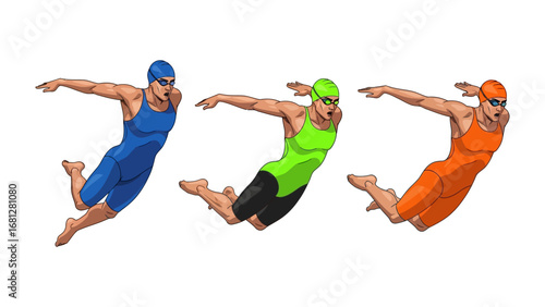 Swimming Trio: A dynamic depiction of three competitive swimmers launching themselves into a vibrant swimming pool, their streamlined forms embodying speed and determination.