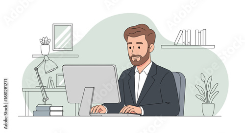 Professional businessman working diligently at his desk on a computer, embodying productivity and modern office work or remote employment.