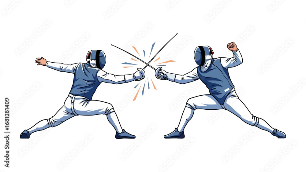 Obraz premium Duel of Skill: Two figures engage in a dynamic fencing match, their weapons clashing with energy and precision. It's a graphic representation of courage, strategic thought.