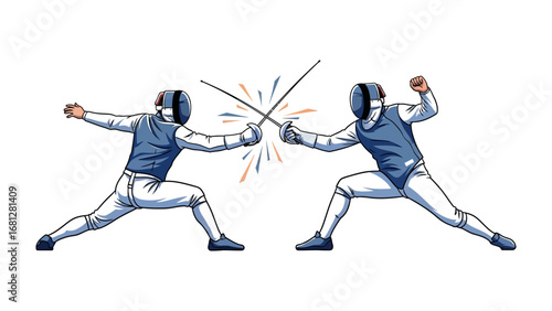 Duel of Skill: Two figures engage in a dynamic fencing match, their weapons clashing with energy and precision. It's a graphic representation of courage, strategic thought.
