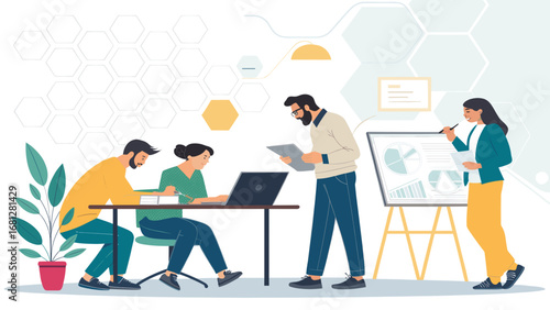 Business team collaborating on a project in a modern office, analyzing data and discussing strategy. Ideal for corporate, finance, and technology themes.