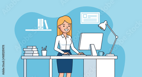 Smiling businesswoman or student working diligently at her office desk with a computer. Concept of productivity, remote work, education, or business success.