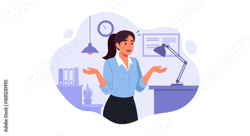 Stressed businesswoman feeling overwhelmed by office work and tight deadlines, facing a problem or difficult decision in a demanding corporate environment.
