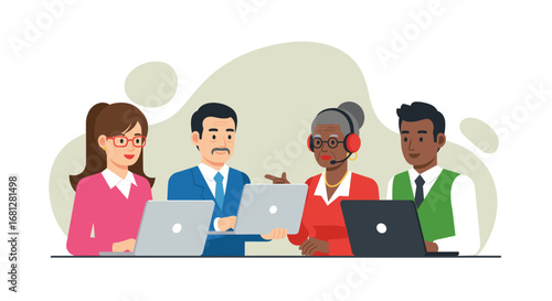 A diverse team of professionals collaboratively working on laptops, one wearing a headset, depicting customer service, online support, or business operations.