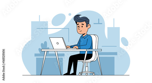 Young man in a modern office, working diligently on his laptop. Represents productivity, remote work, business, and technology in a corporate or freelance environment.