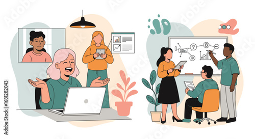 Diverse team collaborating in a modern office environment, engaging in brainstorming sessions, presentations, and remote discussions. Ideal for business and communication concepts.