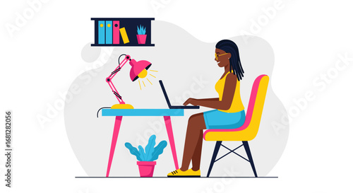Smiling Black woman working diligently on a laptop at her colorful home office desk, representing productivity, remote work, and modern professional life.