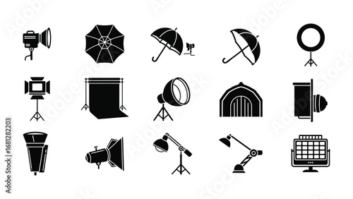 Studio Essentials: A curated set of professional photography equipment, depicted in a sleek, vector-style, showcases the essential tools for capturing perfect moments.