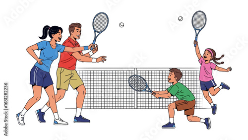 Tennis Family Moments: A happy family engages in a spirited tennis match, full of playful energy and the joy of active togetherness. Capturing the essence of a healthy lifestyle.