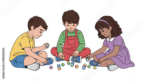 Three Kids Playing Marbles: A charming illustration captures three kids engrossed in a playful game of marbles. Their faces are alight with curiosity and concentration.