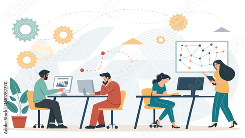 Professionals collaborate in a modern open-plan office, analyzing data and working efficiently. Illustrates teamwork, productivity, and business solutions.