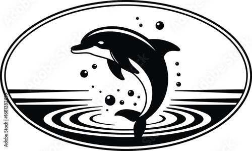 Graceful jumping dolphin with water ripples in an oval silhouette