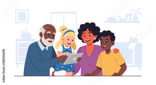 Happy multi-generational family bonding while using a digital tablet at home, fostering connection and shared learning. Perfect for lifestyle and technology concepts.