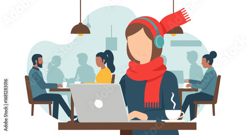A focused woman wearing headphones and a red scarf works on her laptop in a cozy cafe, illustrating remote work and modern lifestyle.