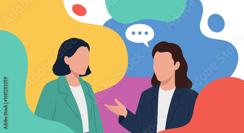 Two professional women engaging in a discussion or meeting on a vibrant, abstract background, representing collaboration and communication.