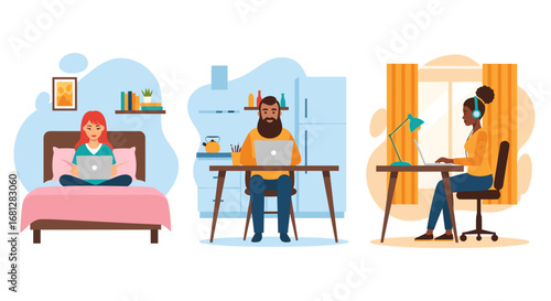 Diverse individuals work remotely from their homes, showcasing modern flexible employment and the convenience of telecommuting in various comfortable settings.