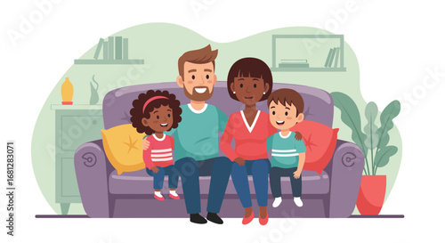 Happy diverse family, parents and two children, sitting together on a sofa in a cozy home environment. Represents love, support, and modern family life.