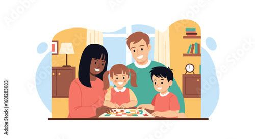 Happy diverse family playing a board game at home. Parents and children enjoy quality time, fostering connection and fun. Ideal for lifestyle, parenting, or leisure concepts.