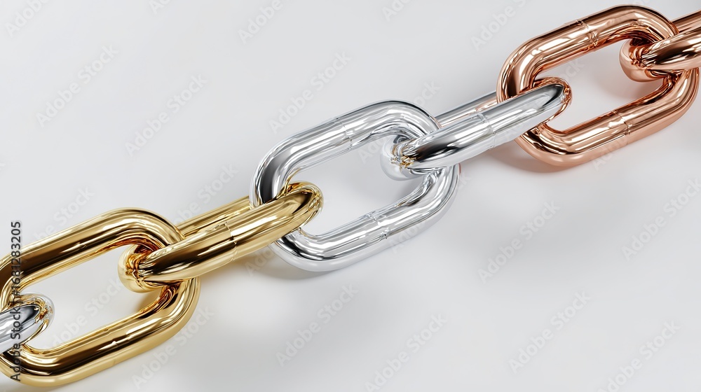 Fototapeta premium A simple background, with interlocking elements of gold, silver, and copper chains, symbolizes connection or collaboration in business, technology, or social networks.