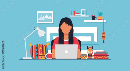 Woman working on laptop at a colorful, culturally inspired home office desk. Ideal for remote work, education, or freelance lifestyle concepts.