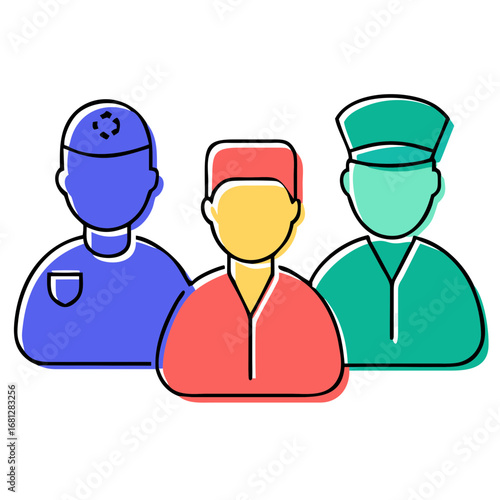 Diverse medical professionals standing together in colorful scrubs
