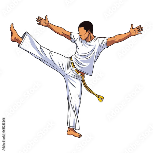 Capoeira: A dynamic illustration of a male Capoeira performer, showcasing fluid movements and skillful balancing, in a vivid display of the art form.