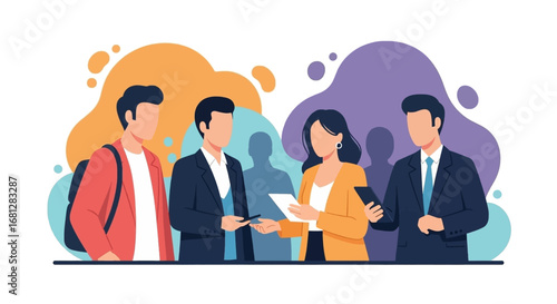 Diverse business professionals collaborate and communicate in a modern office setting. Ideal for themes of teamwork, partnership, and corporate success.