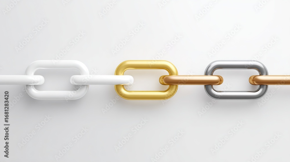 Fototapeta premium A simple background, with interlocking elements of gold, silver, and copper chains, symbolizes connection or collaboration in business, technology, or social networks.