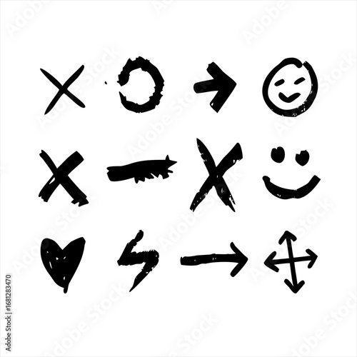 Collection of hand drawn icons including crosses smiles and arrows