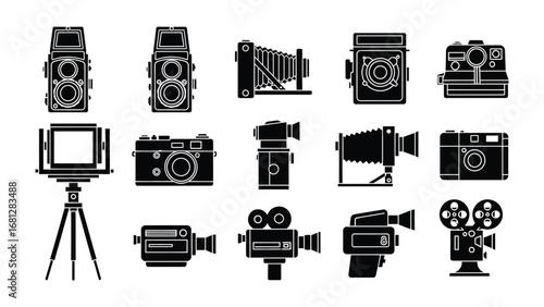 Diverse Vintage Cameras: A detailed illustration showcases a variety of antique cameras from different eras, capturing the essence of photography.