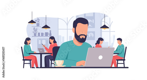 Diverse individuals focus on their laptops in a bustling modern cafe, ideal for remote work, business meetings, or freelance productivity.