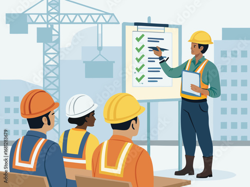 “Construction Workers Safety Training Illustration – Workplace Safety, Engineering Team Meeting, Occupational Health Checklist in Flat Vector Style”