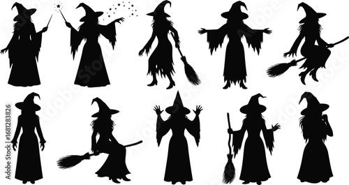 Halloween witch silhouette vector set for spooky season design
