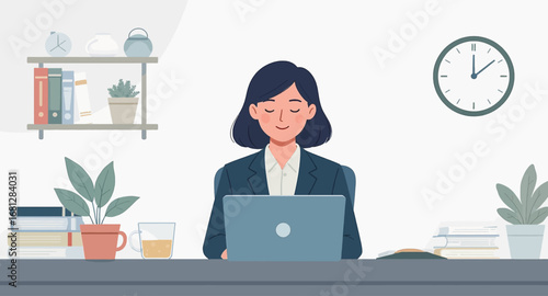 Focused professional woman working calmly on her laptop at a clean, organized office desk, ideal for business, remote work, and productivity themes.