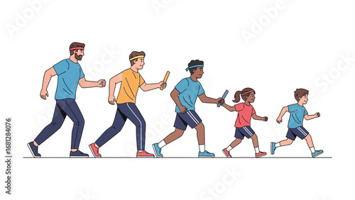 Relay Race Team: A relay team of diverse people of different ages run fast, carrying the baton. It's a demonstration of teamwork and competitive spirit.