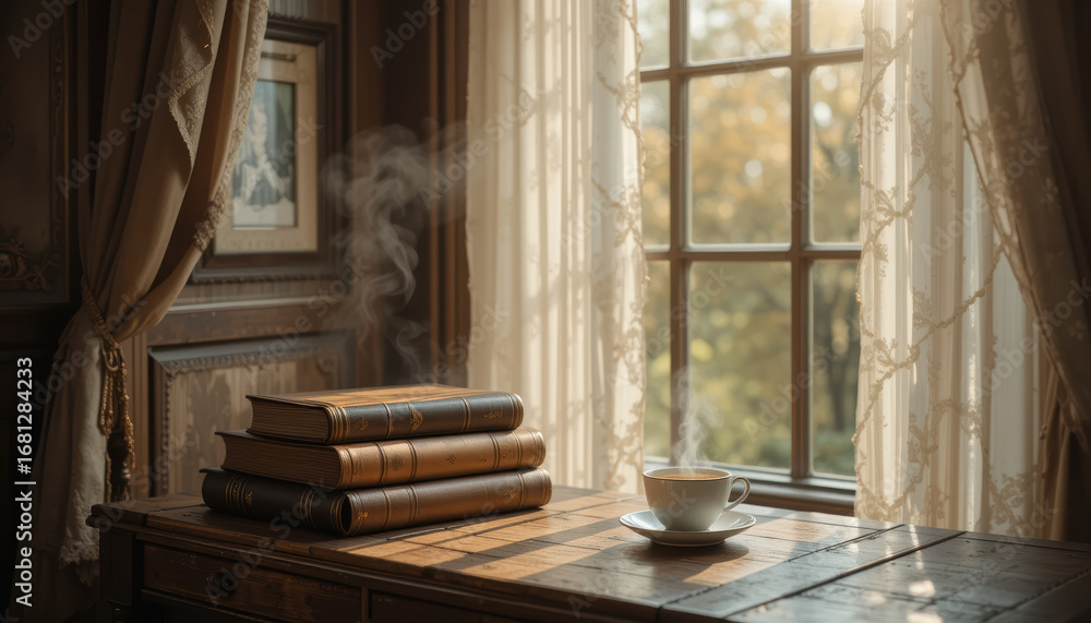 Fototapeta premium Cozy reading nook with antique leather-bound books and a steaming cup on a sun-drenched wooden table by the window