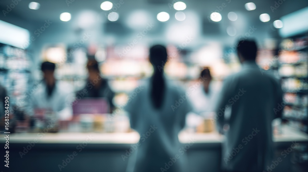 Fototapeta premium Blurred view of pharmacists assisting customers in a modern pharmacy with various products visible in the background.