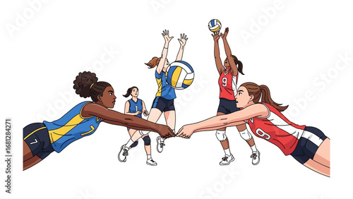Volleyball Game: A dynamic illustration captures a thrilling moment of a volleyball game, showcasing the intense competition and athleticism of female players in a stylized graphic format.