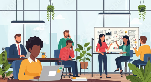 Diverse business team collaborating and working diligently in a modern, plant-filled office. Perfect for concepts of teamwork, productivity, and contemporary workspace.
