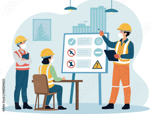 “Construction Workers Safety Training Illustration – Workplace Safety, Engineering Team Meeting, Occupational Health Checklist in Flat Vector Style”