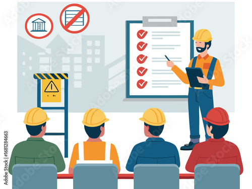 “Construction Workers Safety Training Illustration – Workplace Safety, Engineering Team Meeting, Occupational Health Checklist in Flat Vector Style”