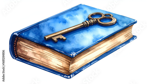 Blue Book and Antique Key Watercolor Painting