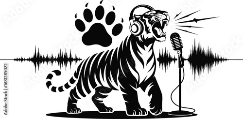 Tiger wearing headphones singing music banner advertisement silhouette