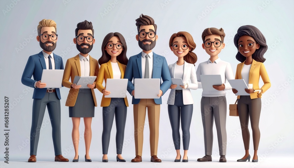 Obraz premium Group of entrepreneurs together holding laptops and documents, funny cartoon characte