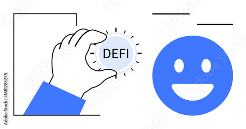 A hand holding a circular DeFi coin beside a smiling face icon. Ideal for blockchain, cryptocurrency, fintech, decentralized finance, innovation, digital payment, simple landing page