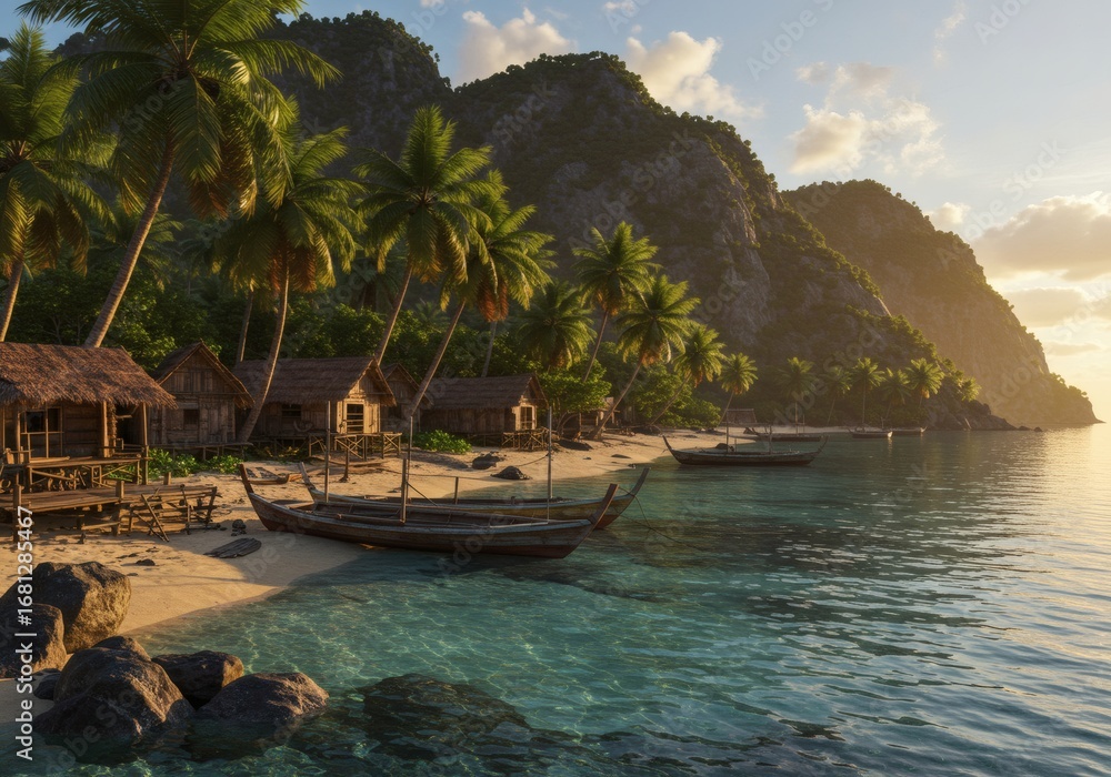 Naklejka premium Idyllic tropical island village with traditional boats on a tranquil beach at sunset