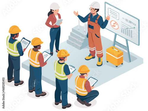 “Construction Workers Safety Training Illustration – Workplace Safety, Engineering Team Meeting, Occupational Health Checklist in Flat Vector Style”