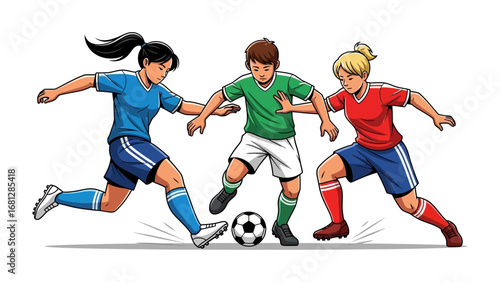 Soccer Showdown: Dynamic illustration captures the intensity of a soccer match, showcasing skillful players vying for control of the ball in a vibrant display of teamwork and athleticism.
