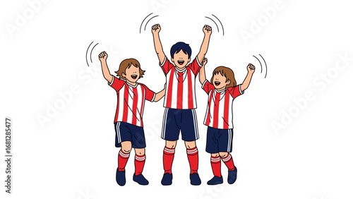 Victory's Echo: A trio of triumphant young athletes celebrates a sports win, their joy radiating in vibrant color and movement.